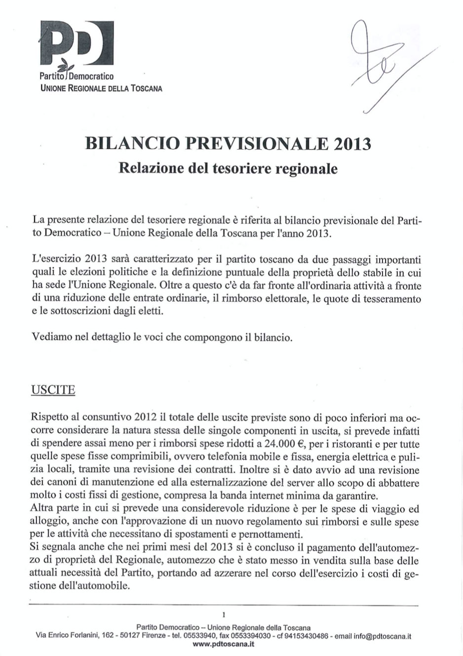 Scarica il Bilancio preventivo 2013 PD Toscana firmato