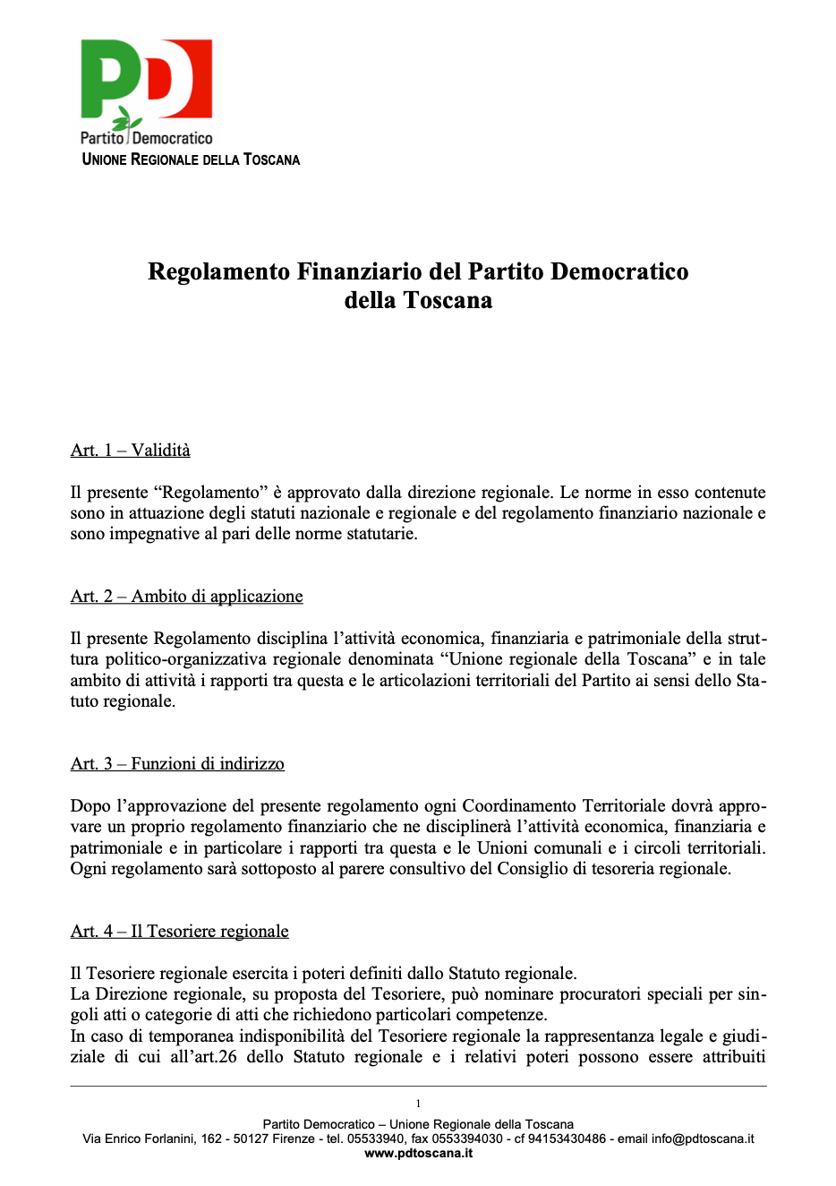 Scarica il Regolamento finanziario PD Toscana – 2018 