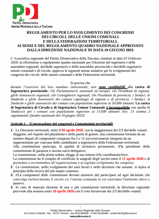 Scarica il regolamento 2026 dei congressi dei circoli, delle Unioni comunali e coordinamento territoriale